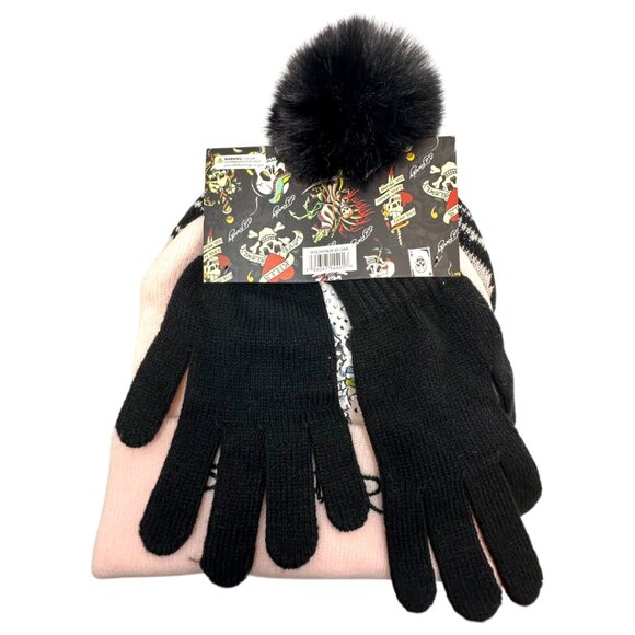 Ed Hardy Skull Rose 2 Beanies & Gloves Set Pink Black Faux Fur Pom Pom - Picture 2 of 3